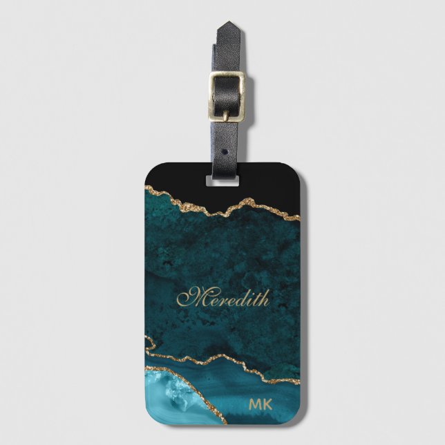 Teal Gold Glitter Agate Personalised Luggage Tag (Front Vertical)