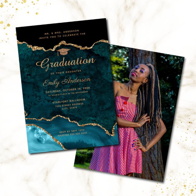Teal Gold Glitter Agate Photo Graduation Invitation (Creator Uploaded)