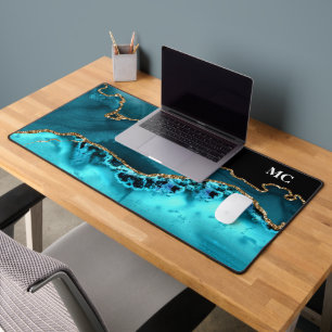 Teal & Gold Glitter Agate With Monogram Desk Mat