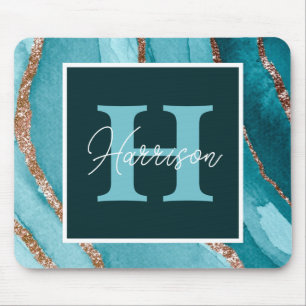 Teal &Gold Glitter Alcohol Ink Monogram and Name  Mouse Pad
