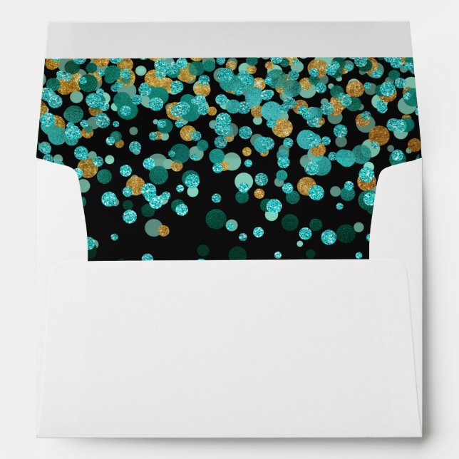 Teal Gold Glitter Confetti Black Return Address Envelope (Back (Bottom))