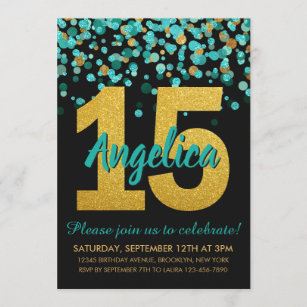 Teal Gold Glitter Confetti Quinceañera 15 Birthday Invitation