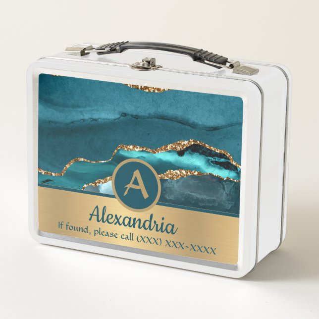 Teal Gold Glitter Geode Agate Metal Lunchbox (Front)