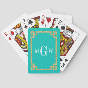 Teal Gold Glitter Look Greek Key Frame Monogram Playing Cards