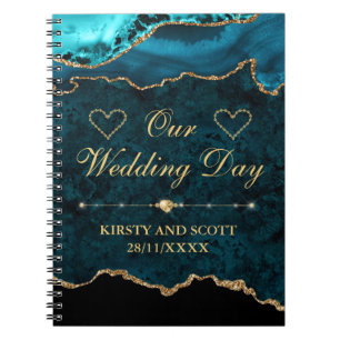 Teal & Gold Glitter Marble Agate Wedding Day Notebook