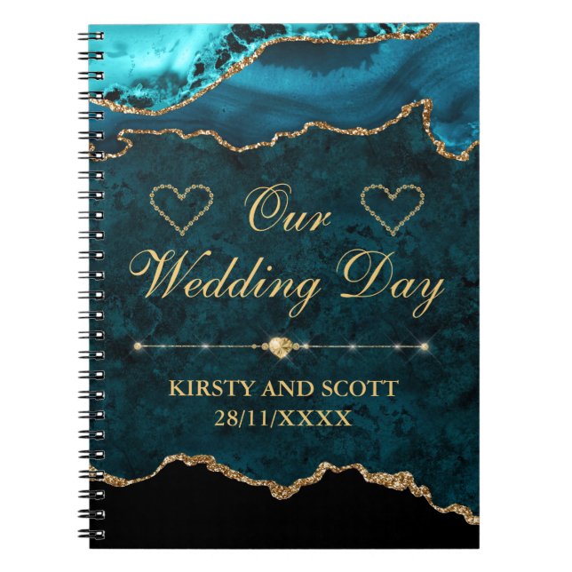 Teal & Gold Glitter Marble Agate Wedding Day Notebook (Front)