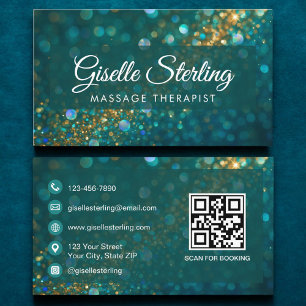 Teal Gold Glitter Opal Massage Therapist QR Code Business Card