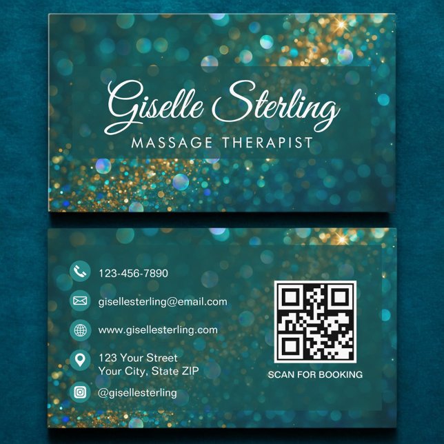 Teal Gold Glitter Opal Massage Therapist QR Code Business Card (Creator Uploaded)