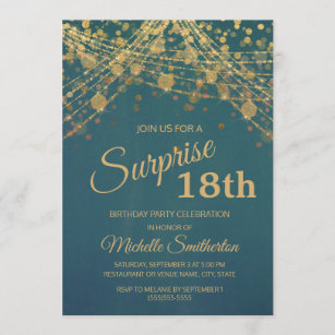 Teal Gold Glitter String Lights 18th Birthday Invitation
