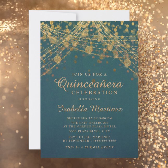 Teal Gold Glitter String Lights Quinceañera Invitation (Creator Uploaded)