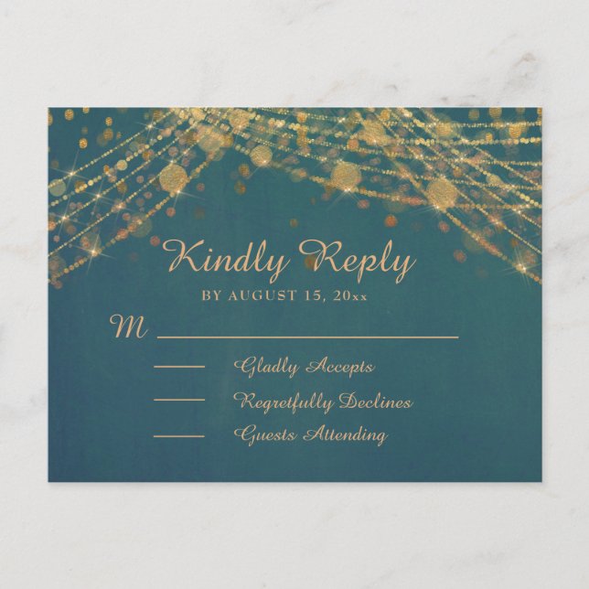 Teal Gold Glitter String Lights Quinceañera RSVP Postcard (Front)