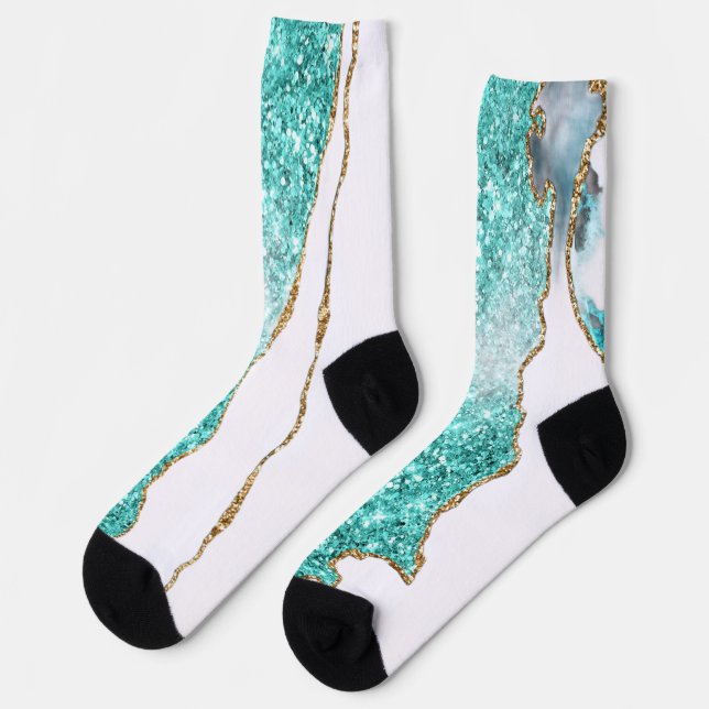 Teal Gold Glitter White Socks (Left)