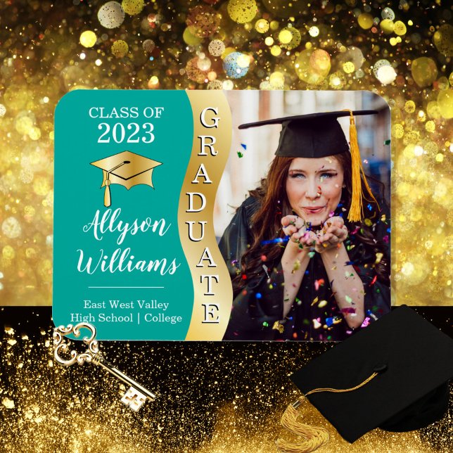 Teal | Gold Graduate Wave Grad Cap Photo Magnet (Creator Uploaded)