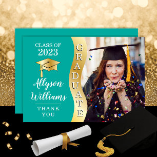 Teal Gold Graduate Wave Grad Cap Photo Thank You Card