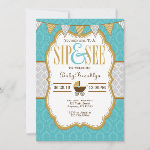 Teal Gold Grey Grey Sip And See Invitation