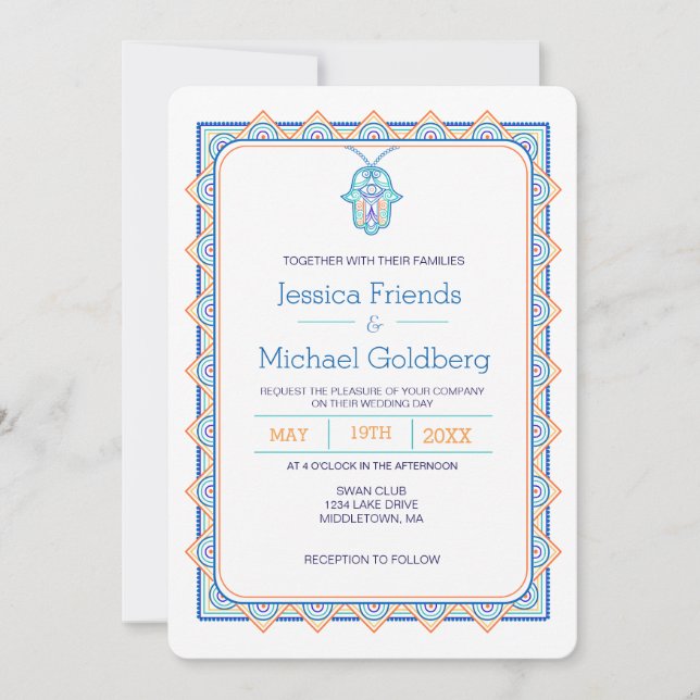 Teal gold hamsa geometric wedding invitation (Front)