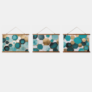 Teal & Gold Honeycomb Grunge Watercolor Hanging Tapestry