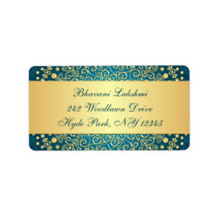 Teal, Gold Intricate Scrolls Return Address Label