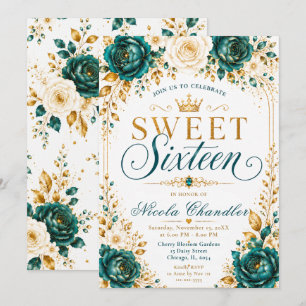 Teal Gold Ivory Sweet Sixteen Invitation