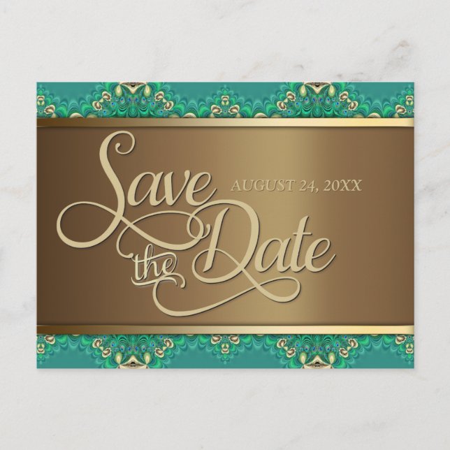 Teal Gold Lace Border Save the Date Postcard (Front)