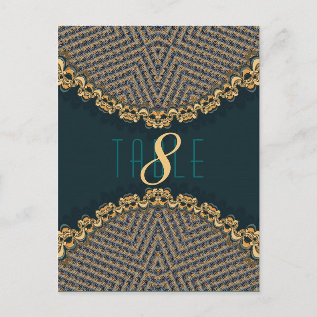 Teal+Gold Lace Pattern Reception Table Number & Me Postcard (Front)