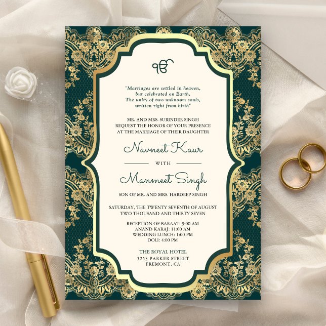 Teal Gold Lace QR Code Anand Karaj Sikh Wedding Invitation (Creator Uploaded)
