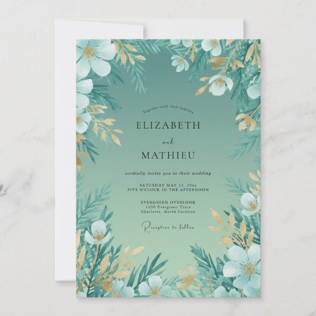 Teal Gold Leaf Wedding Invitation (Front)