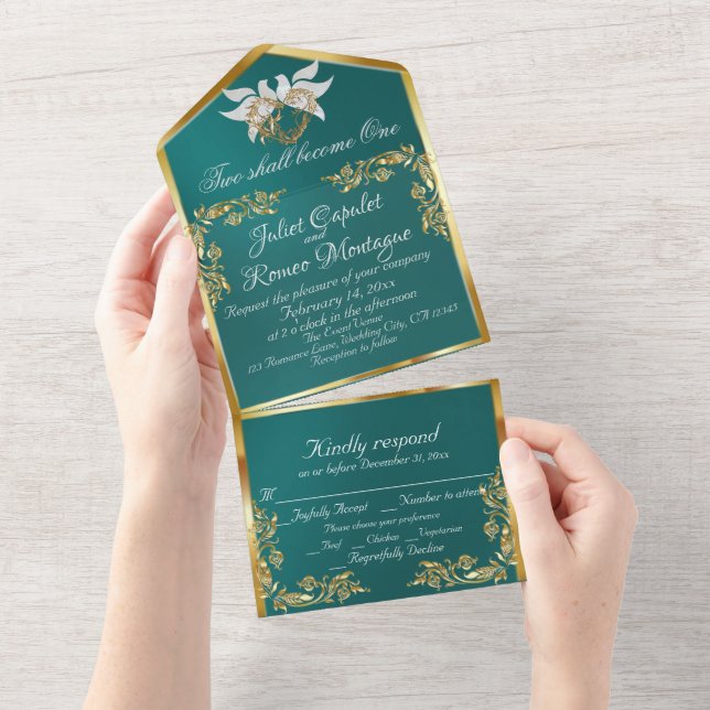 Teal, Gold Leaves, Doves & Heart All In One Invitation (Tearaway)