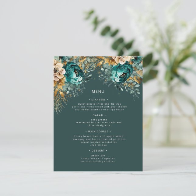 Teal Gold Luxe Floral Wedding Menu Card (Standing Front)