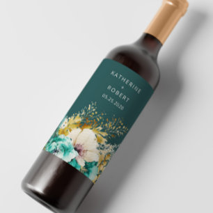 Teal Gold Luxurious Floral Wedding Wine Label Set