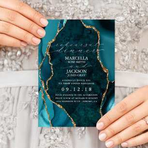 Teal, Gold & Marble Agate Dinner Rehearsal Invitation