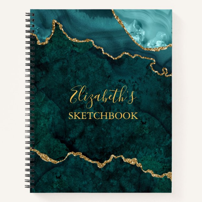 Teal Gold Marble Agate Geode Sketchbook Notebook (Front)
