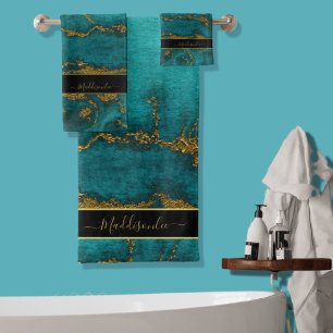 Teal Gold Marble Agate Monogram Name Custom Bath Towel Set