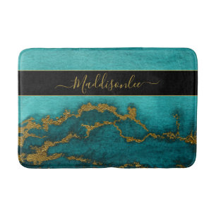 Teal Gold Marble Agate Monogram Name Custom Beach  Bath Mat