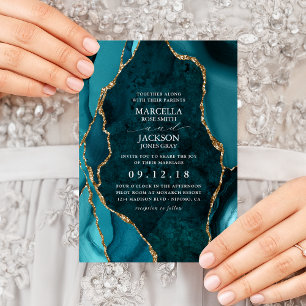 Teal & Gold Marble Agate Wedding Invitation
