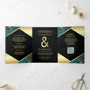 Teal Gold Marble Ampersand QR Code Wedding Tri-Fold Invitation