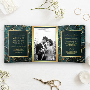 Teal Gold Marble Faux Gold Foil Photo Wedding Tri-Fold Invitation