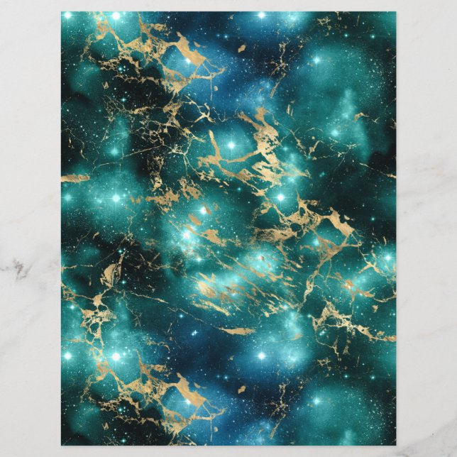 Teal & Gold Marble Galaxy Scrapbook Paper Sheet (Back)