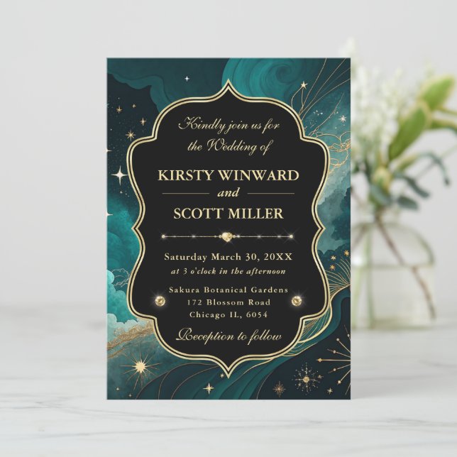Teal Gold Marble Glitter Elegant Wedding Invitation (Standing Front)