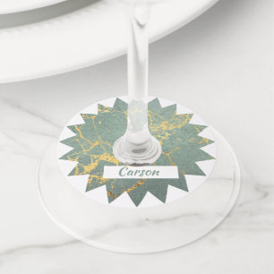 Teal & Gold Marble Look Seal with Name Wine Glass Tag