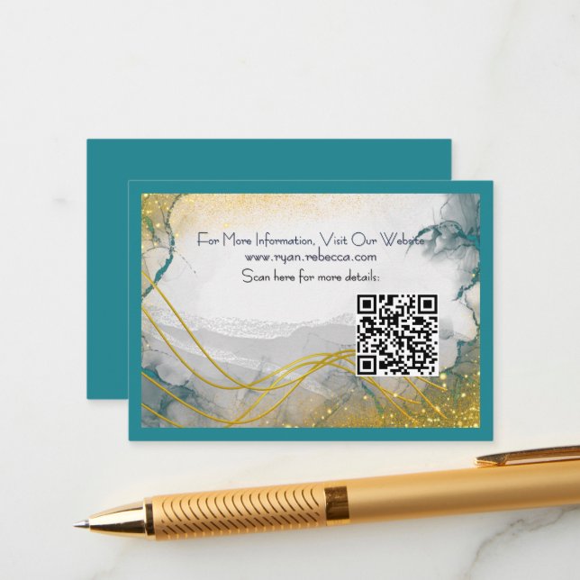 Teal Gold Marble QR Information Card (Front/Back In Situ)