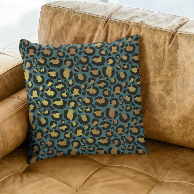 Teal Gold Metallic Foil Glam Leopard Fur Spots Cushion (Creator Uploaded)