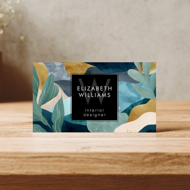 Teal Gold Modern Abstract Monogram Business Cards (Creator Uploaded)