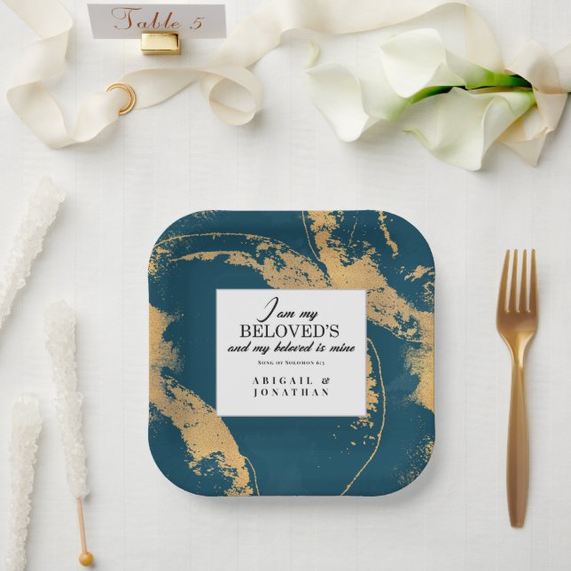 Teal Gold Modern Art Wedding Bible Verse Paper Plate (Wedding)
