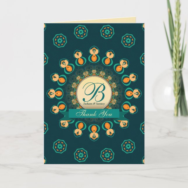 Teal Gold Monogram Thank You Card (Front)