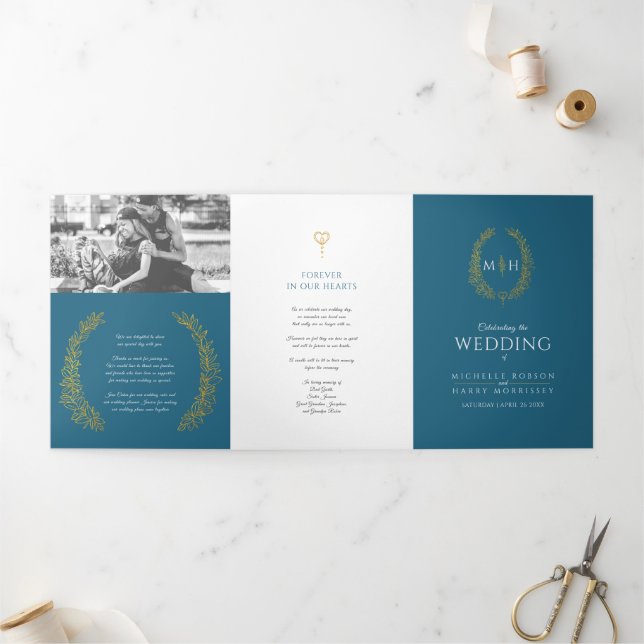 Teal gold monogram wreath story & program wedding Tri-Fold programme (Outside)
