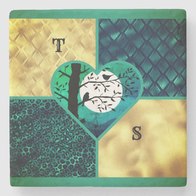 Teal & Gold Moonlight Birds Stone Coaster (Front)