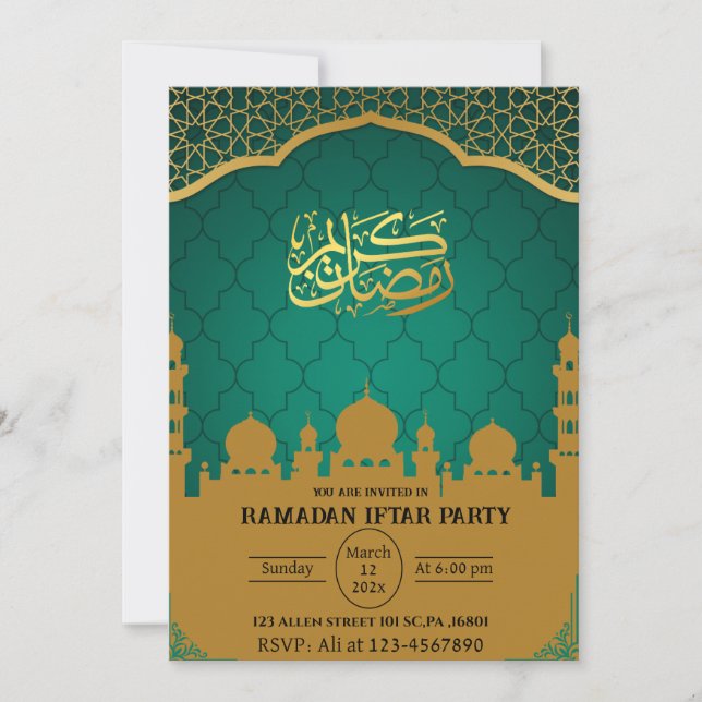 Teal & Gold Muslim Islamic Ramadan Iftar Party Invitation (Front)