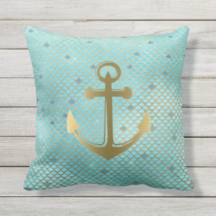 Teal Gold Nautical Anchor Mermaid Scales Outdoor Cushion