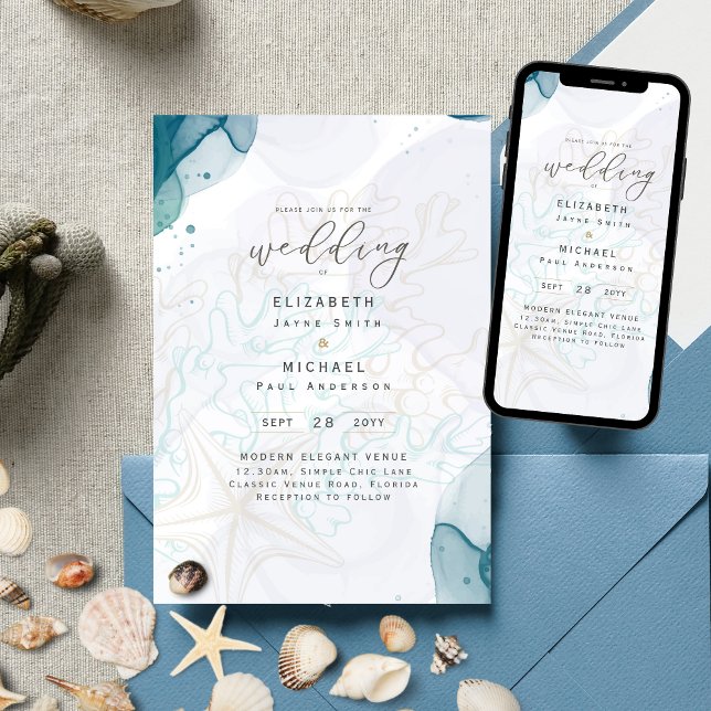 Teal Gold Ocean Life Beach Teal Wedding Invitation (Creator Uploaded)
